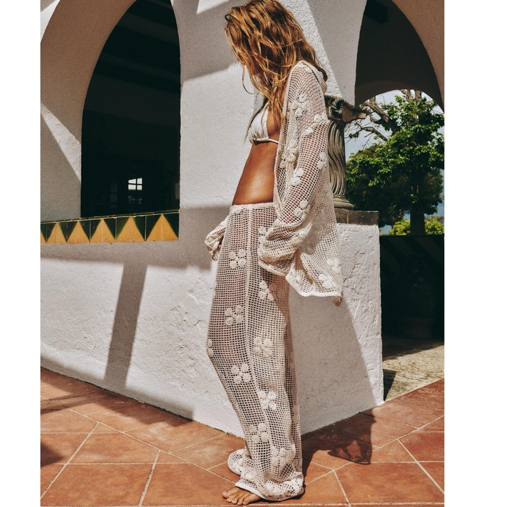 Zara Cream Crochet Open-Knit Buttoned Top and Pant Set - Picture 10 of 13